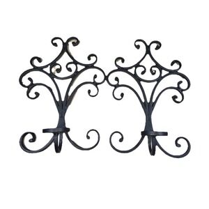 2 Taper‎ Candle Holders Gothic Scrollwork Brown Metal Wall Sconces Rustic Tuscan
